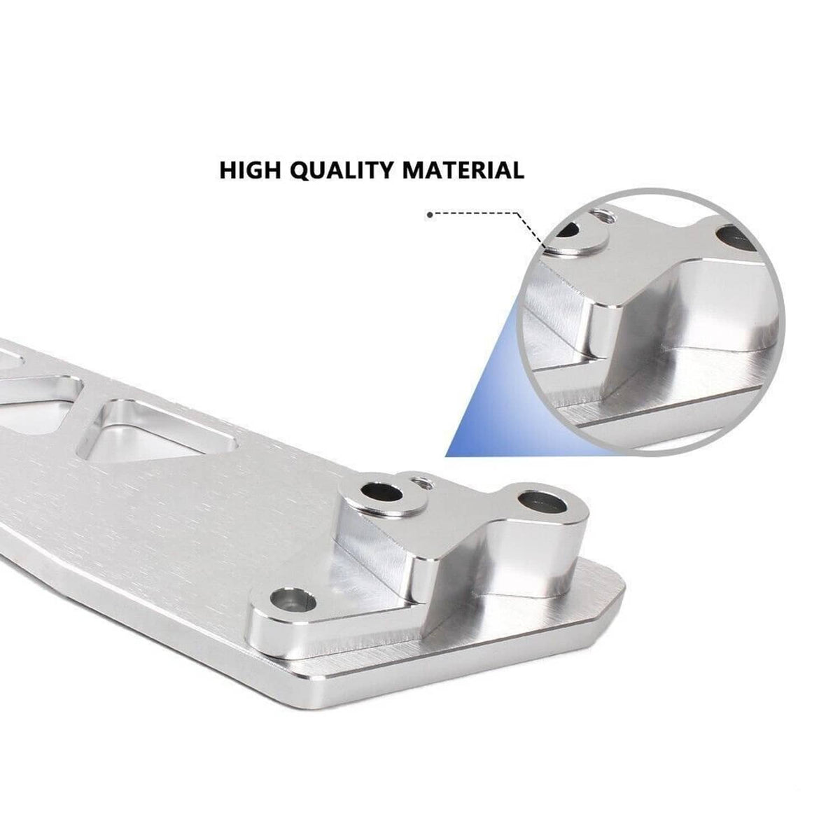 Silver machined tie bar bracket with mounting holes, close-up detail