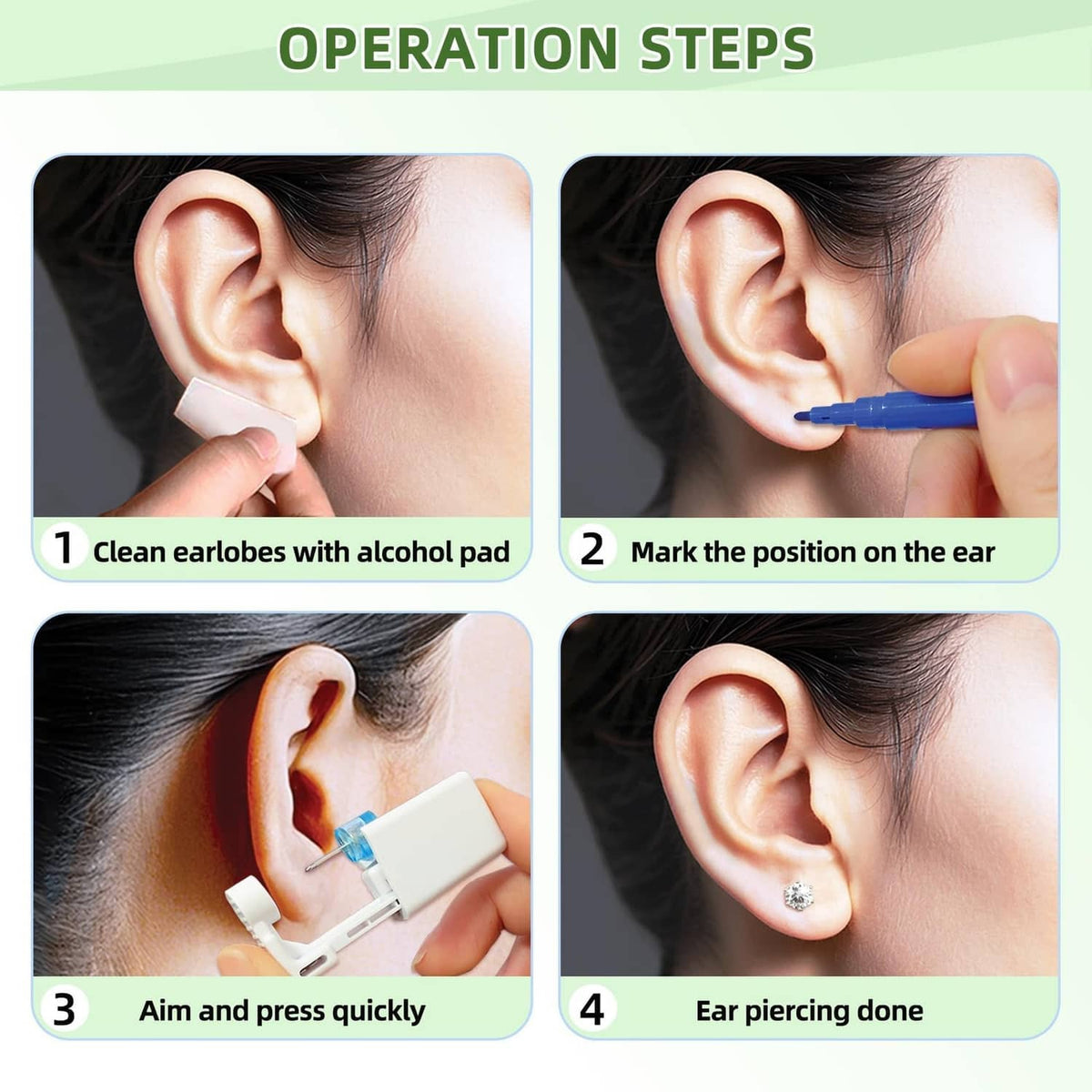 Ear piercing kit with alcohol pad and disposable gun showing placement and completed stud