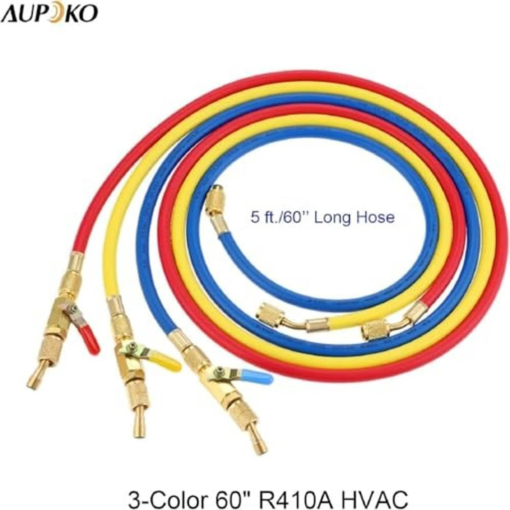 3-color A/C charging hoses set, 60 in long, with brass ball valves and fittings