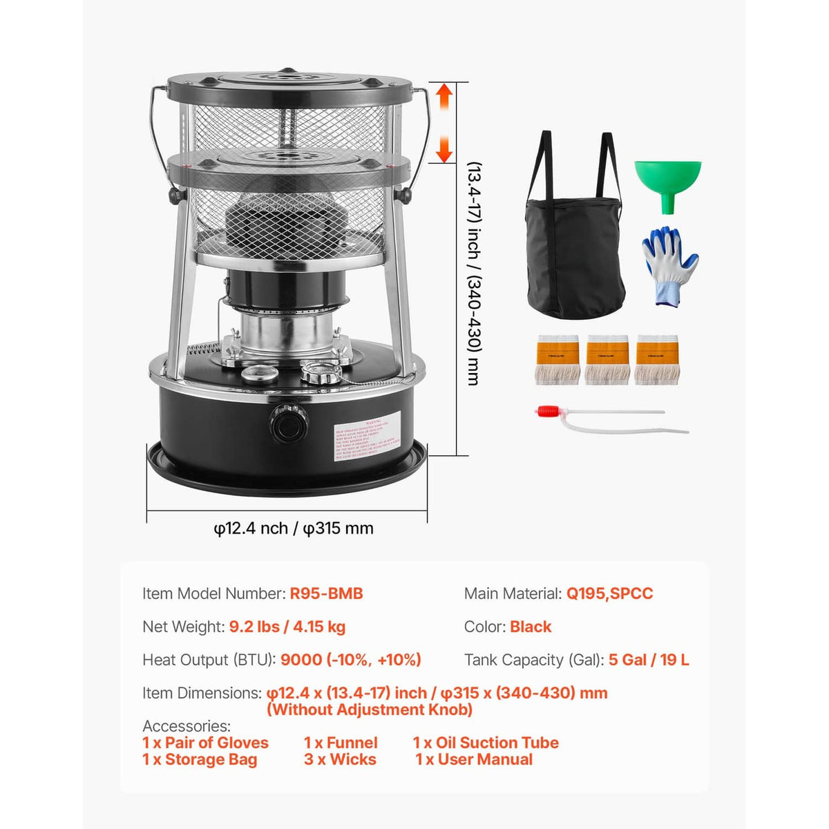 Portable kerosene heater stove with chrome frame, mesh guard, and included accessory items