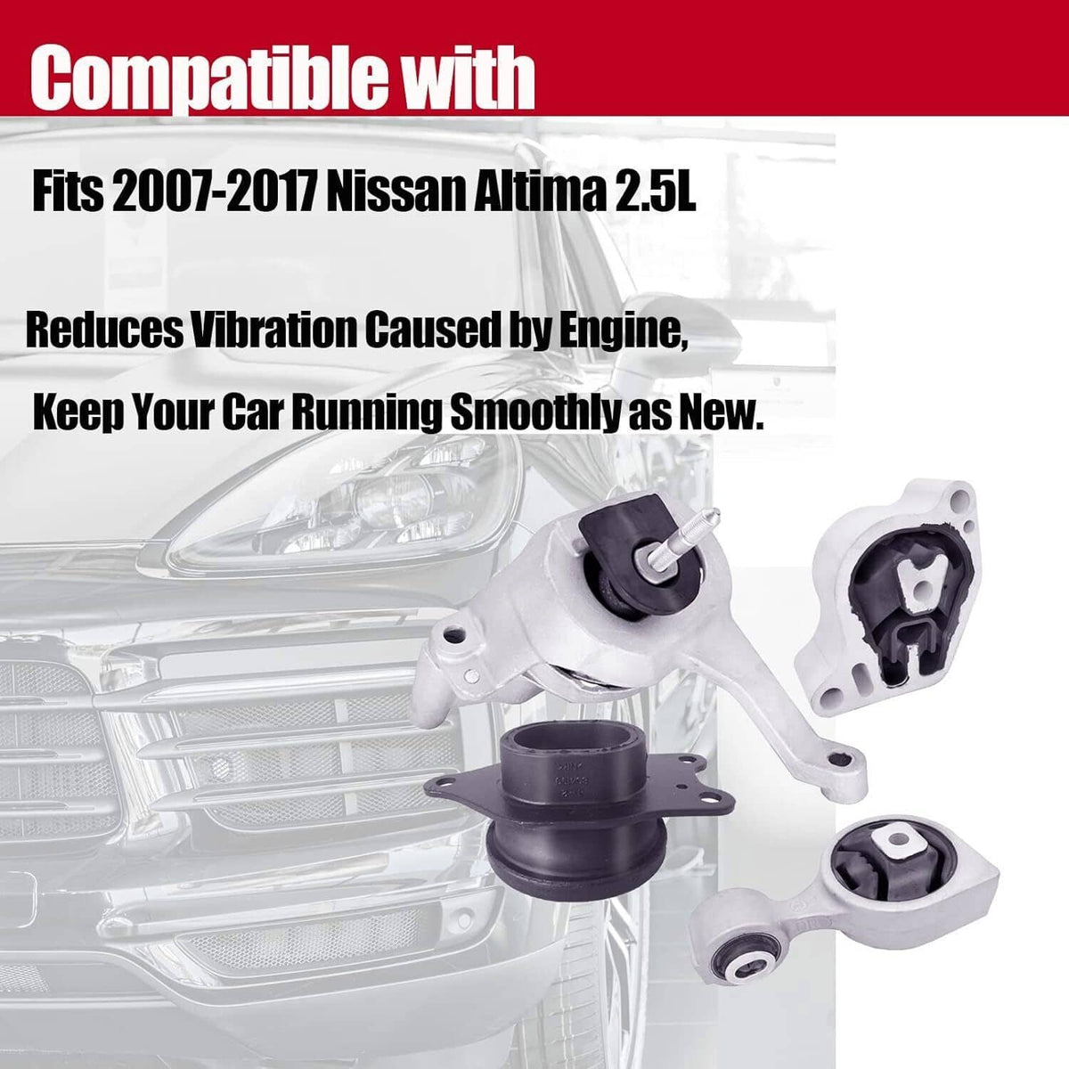 Engine mount kit set showing multiple mounts with black rubber bushings
