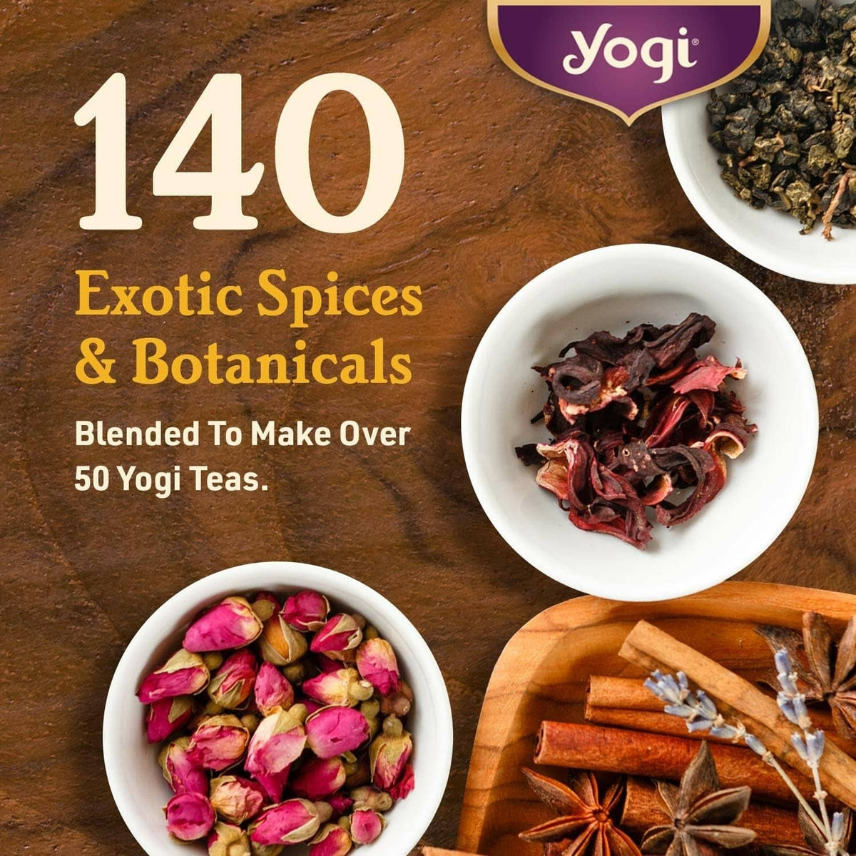 Yogi green tea decaf exotic spices & botanicals with dried ingredients in bowls