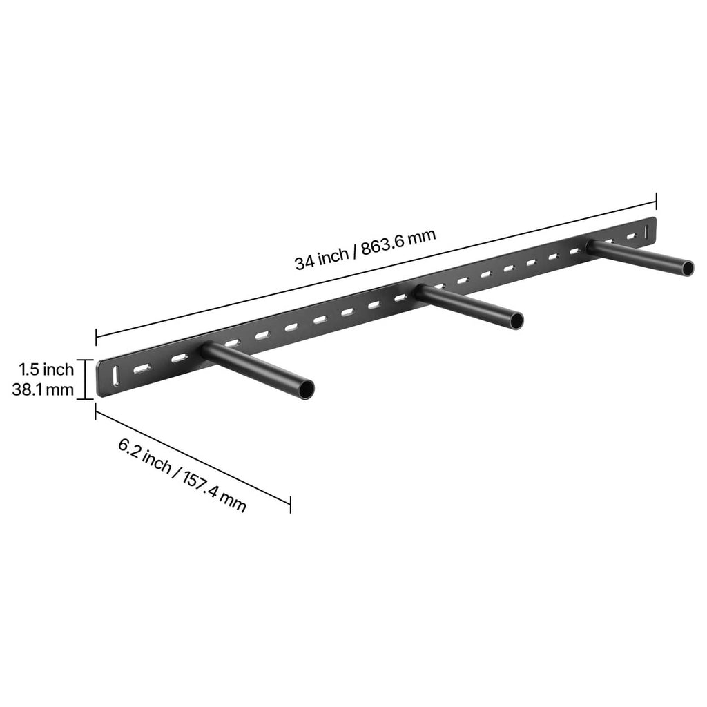 34 in floating shelf bracket with perforated steel rail and three black support rods