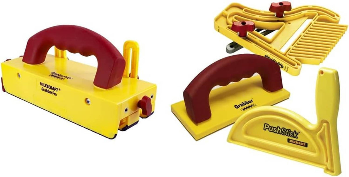Table saw push block set: yellow push block with red handle and yellow pushstick