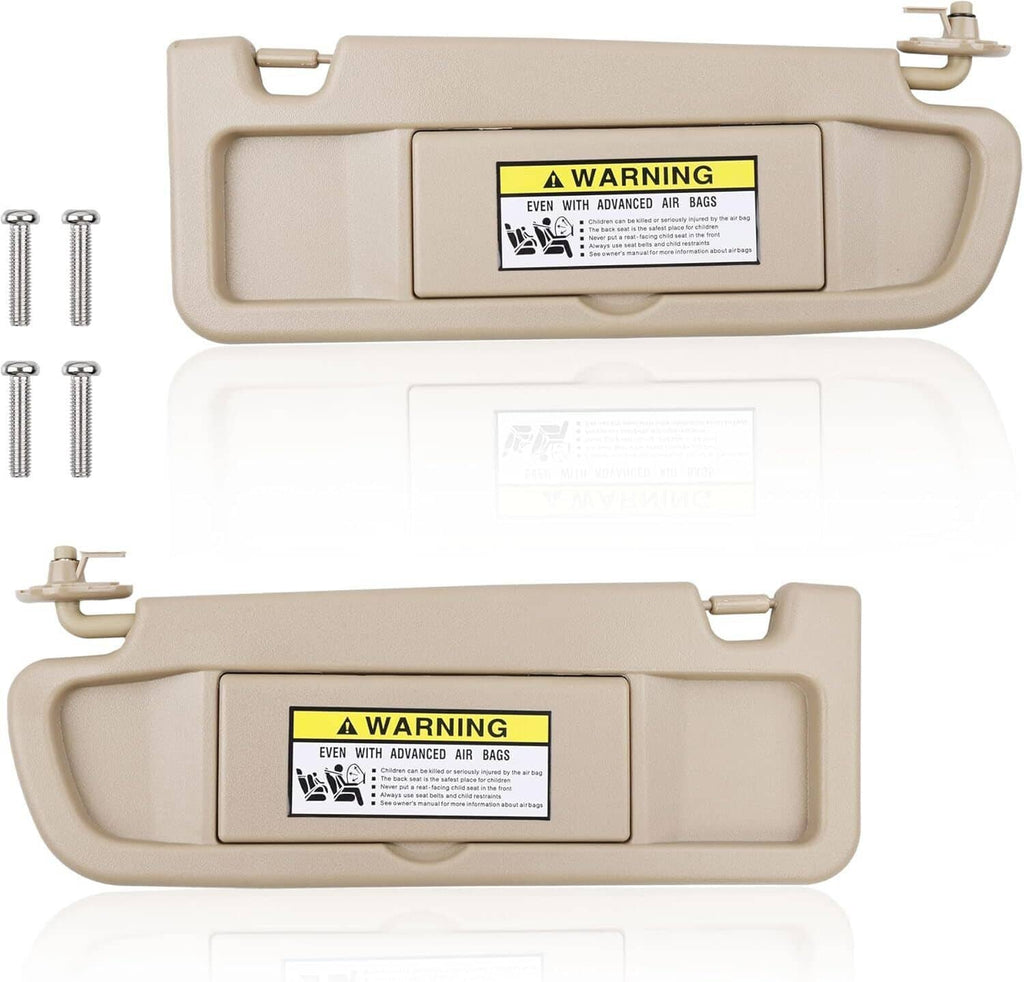 Beige sun visor pair with warning labels and four mounting screws