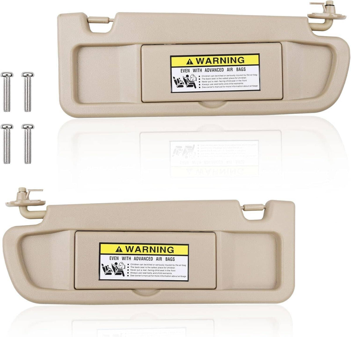 Beige sun visor pair with warning labels and four mounting screws