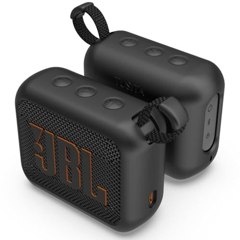 Dark silicone speaker case with strap loop and side button openings