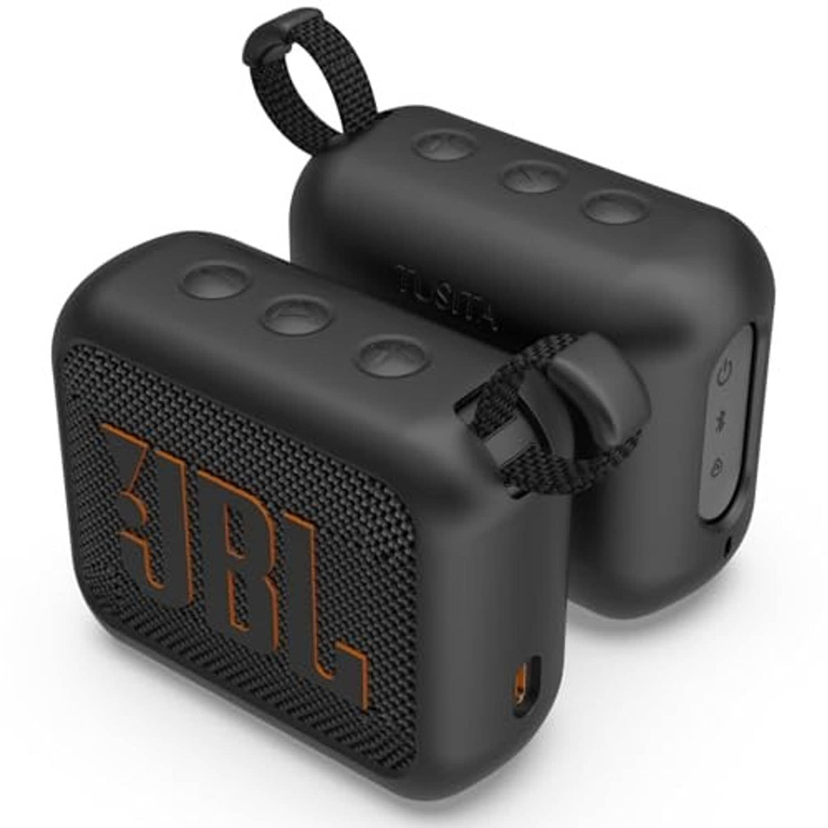 Dark silicone speaker case with strap loop and side button openings