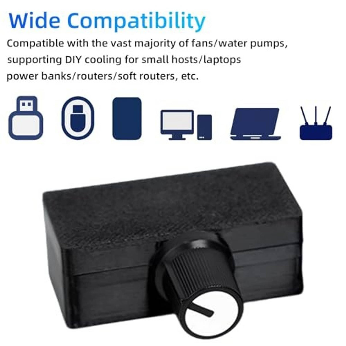 Black PWM fan controller with speed knob and compatibility for PCs and pumps
