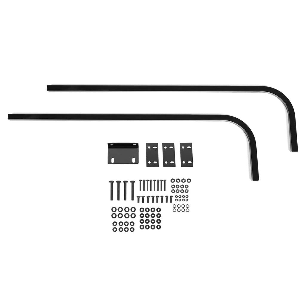 Two black roof mounting support struts with brackets, screws, and nuts