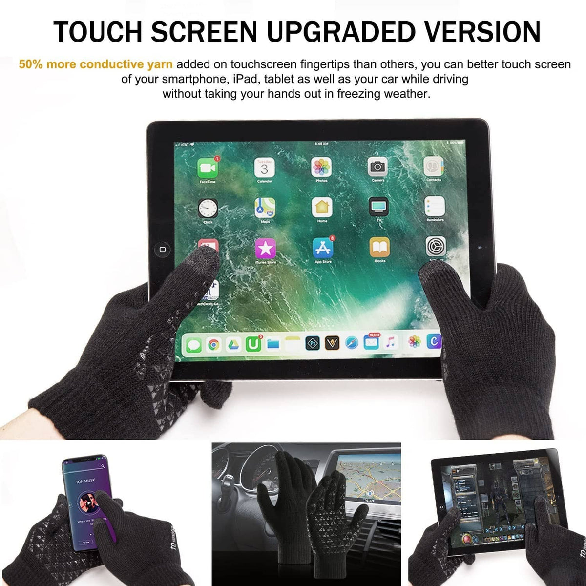 Black touch screen knit gloves holding a tablet, fingertip contact