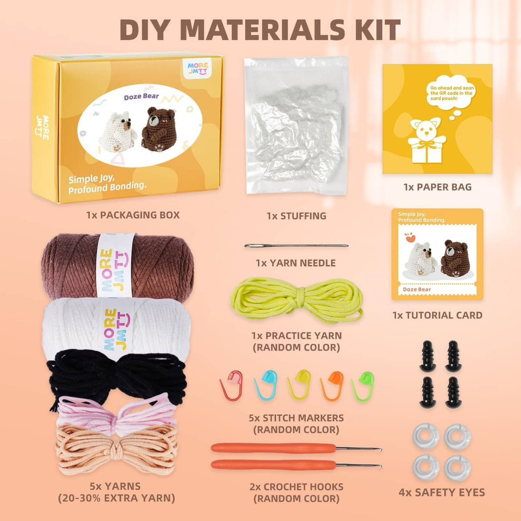 Crochet kit materials layout with yarn skeins, crochet hook, stitch markers, safety eyes