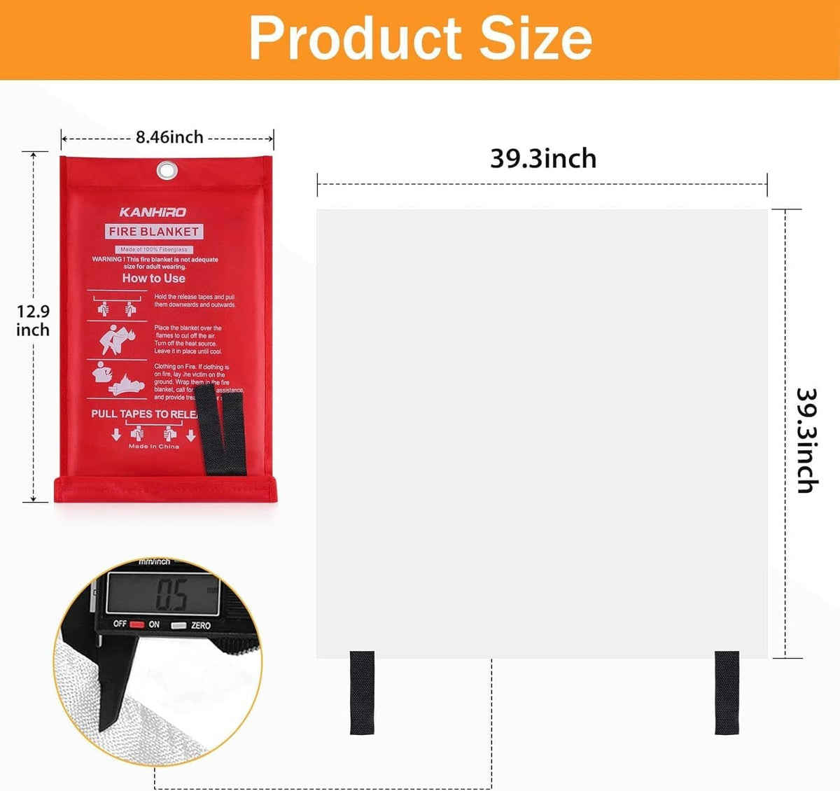 Red fire blanket product size diagram with pull-tab straps and dimensions