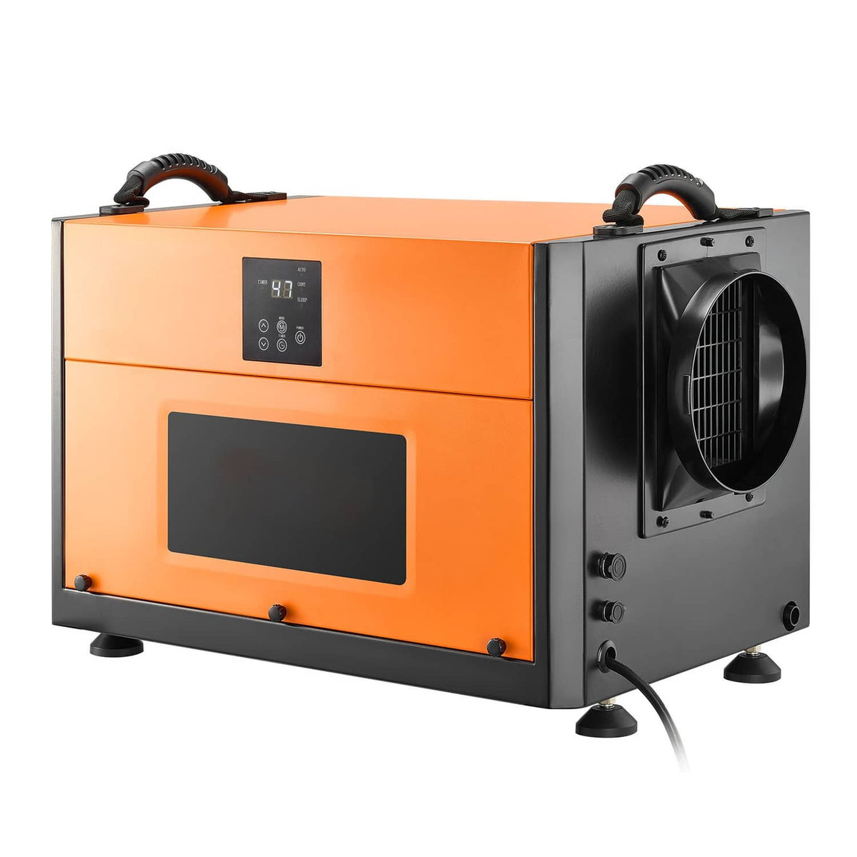 Commercial dehumidifier with front control display, orange body, and side fan grille