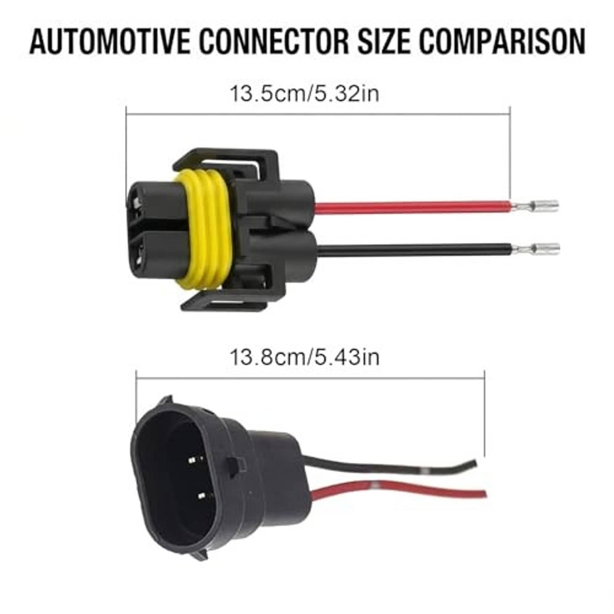 H11 connector pigtail harness with black housing, yellow latch ring, and twin wire leads