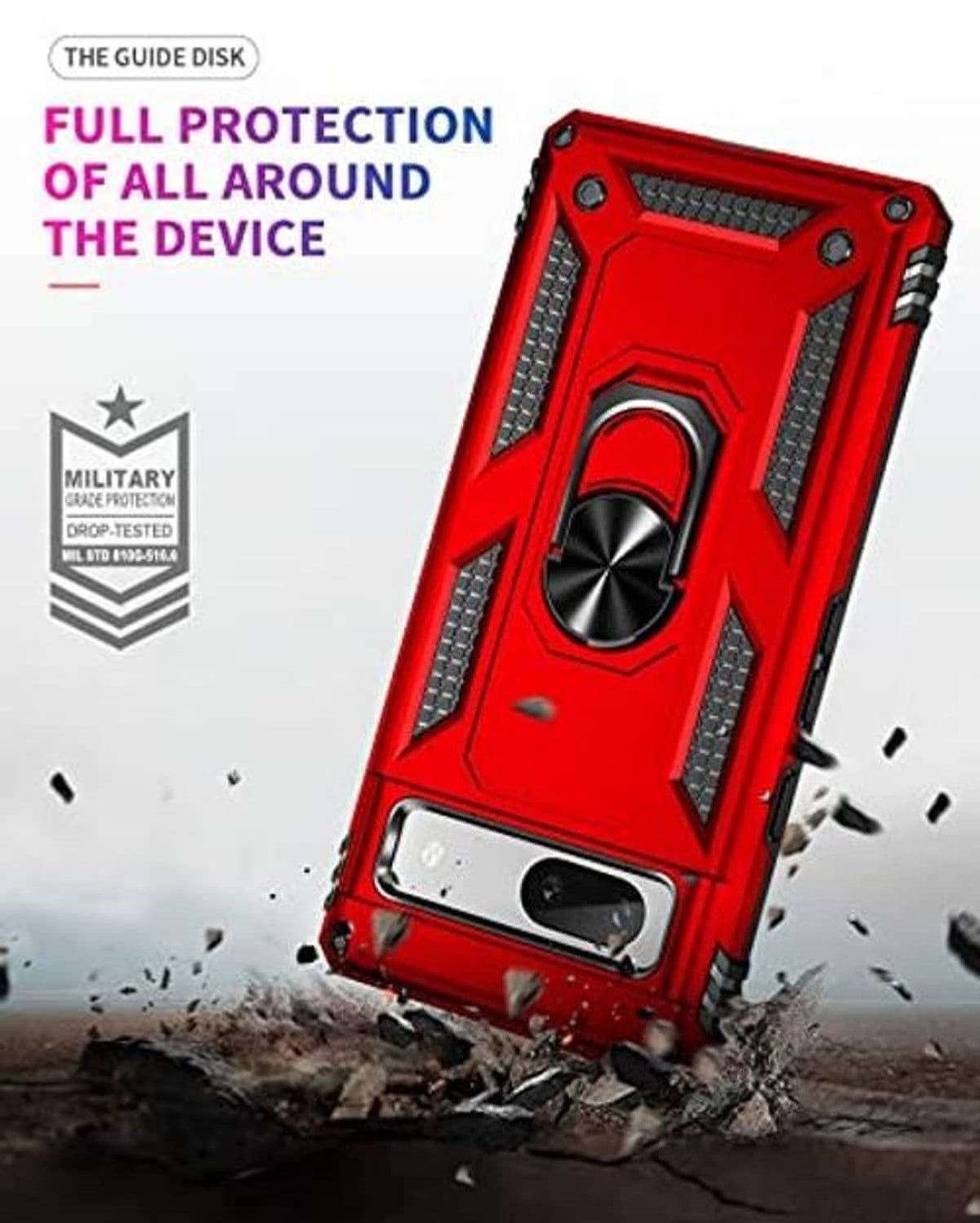 Red rugged phone case angled view with full protective frame and kickstand ring