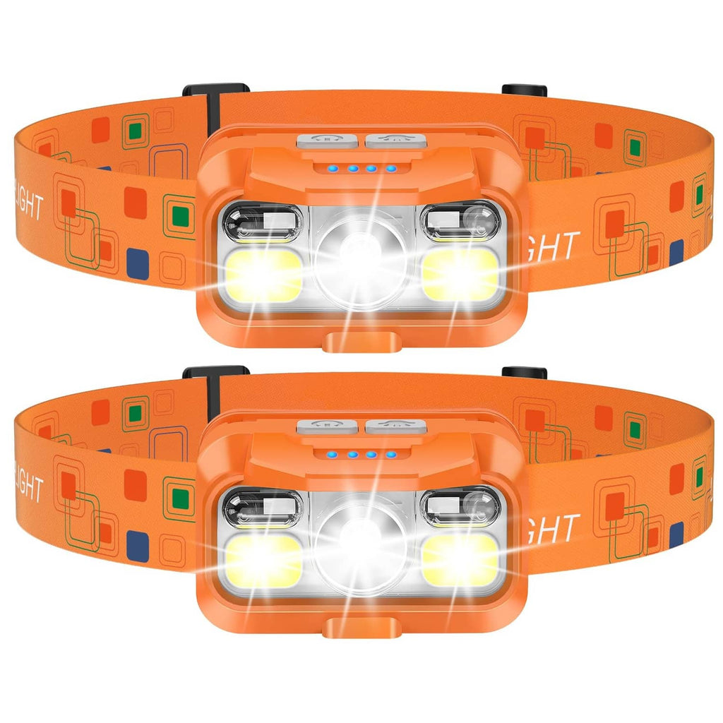 Two orange rechargeable headlamps with three LED bulbs each, on adjustable headbands