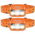 Two orange rechargeable headlamps with three LED bulbs each, on adjustable headbands
