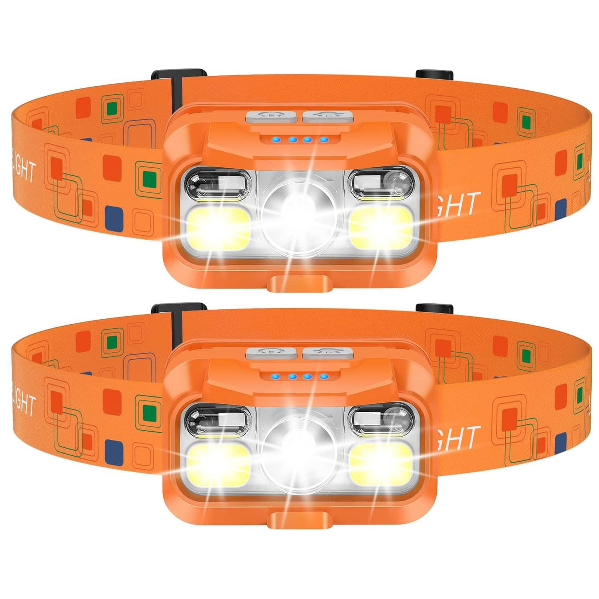 Two orange rechargeable headlamps with three LED bulbs each, on adjustable headbands