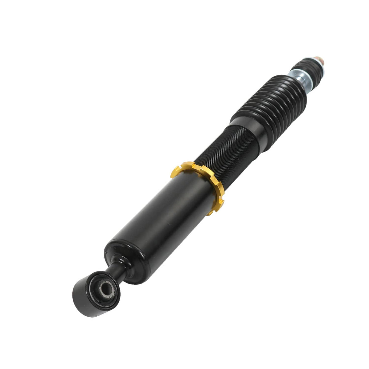 Black coilover strut shock with gold collar and rubber bushing end