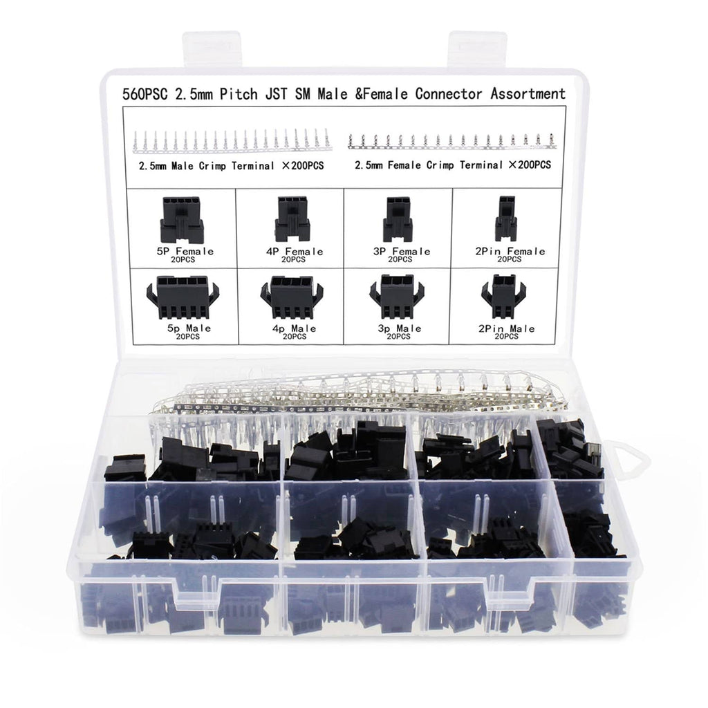 Black 2.5mm JST connector kit case with mixed male and female housings and terminals