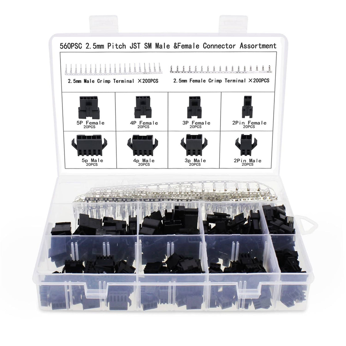 Black 2.5mm JST connector kit case with mixed male and female housings and terminals