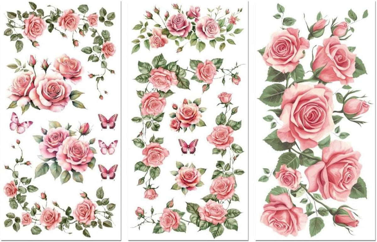 Three rub-on transfer sticker designs: pink roses, vines, green leaves, and butterflies