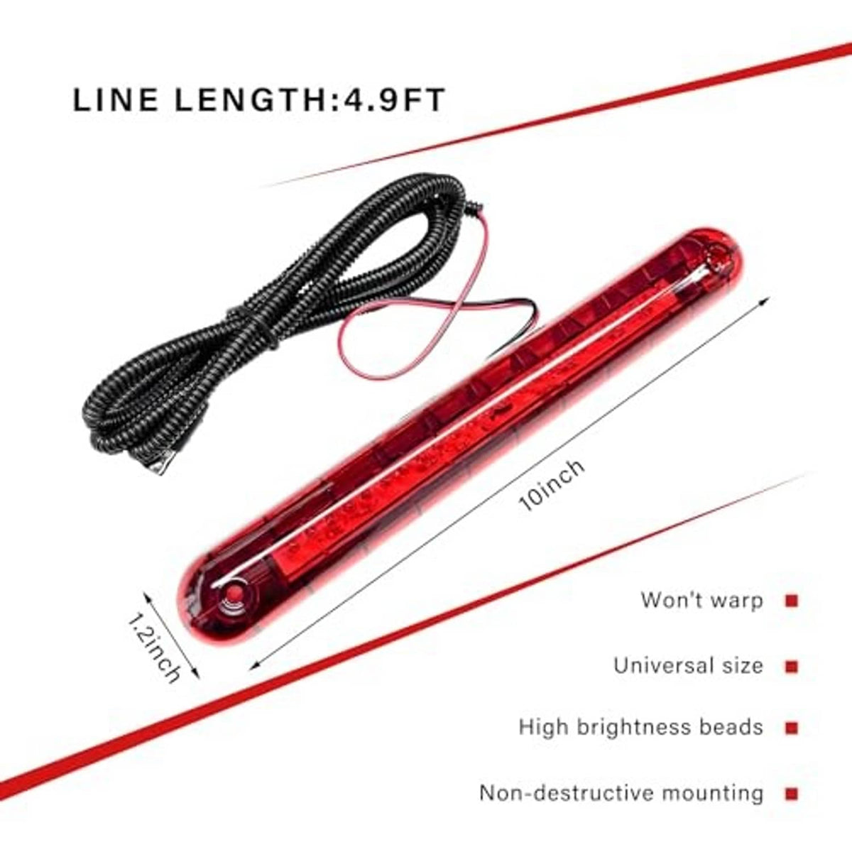 Red high-mount third brake light bar with clear lens and black wiring harness