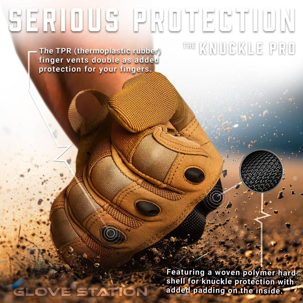 Tan tactical gloves with protective finger vents and reinforced knuckle padding