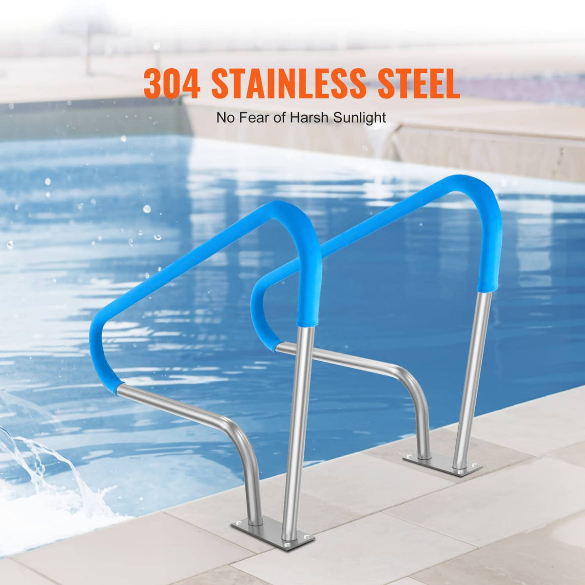 Stainless steel swimming pool handrail with blue foam grip, two upright posts and base plates