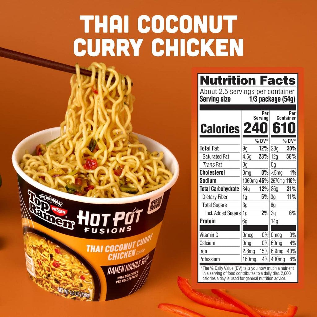 Hot Pot Fusions Thai coconut curry chicken ramen bowl with noodles and nutrition facts