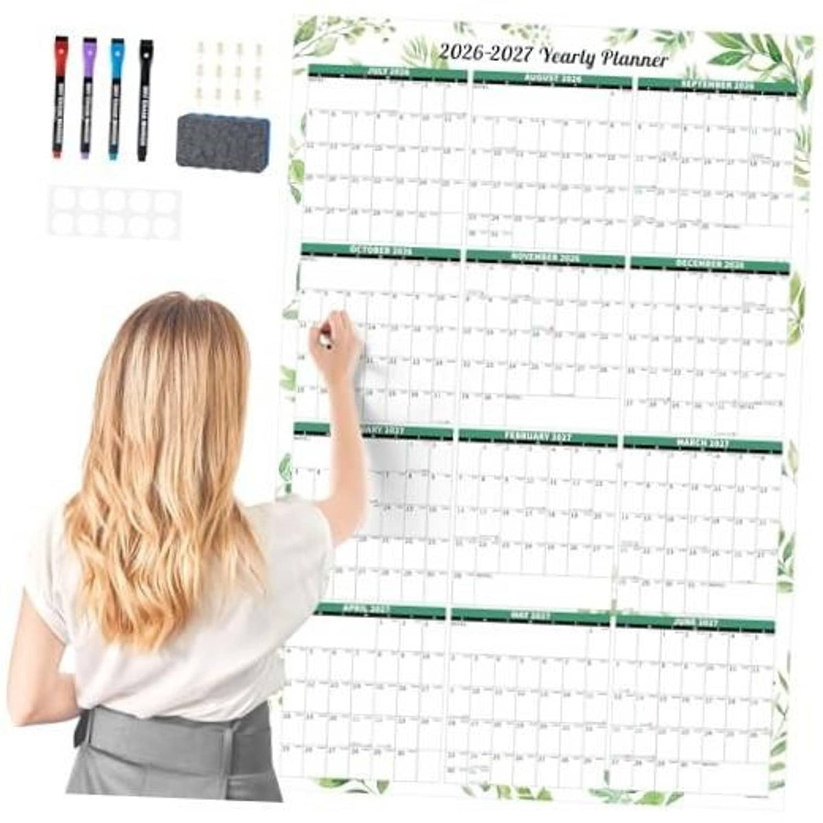 Laminated 2026–2027 wall dry-erase calendar with green plant border and monthly grid