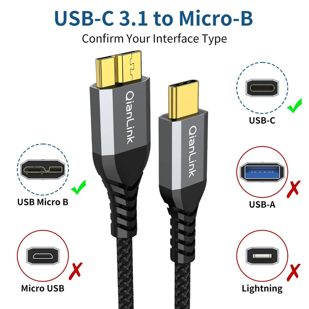 QianLink USB-C to Micro-B hard drive cable, braided grey jacket, USB-C and Micro USB-B ends.