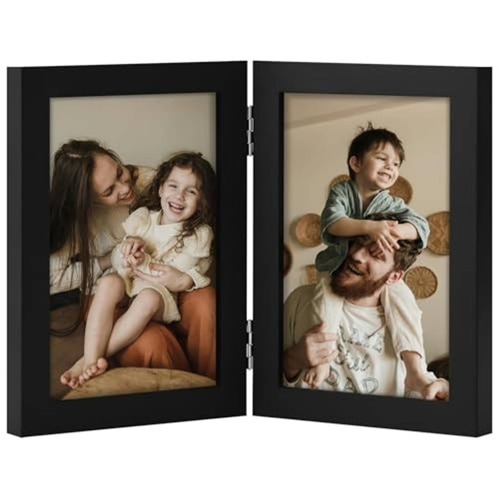 Vertical black double photo frame, open view showing two hinged picture panels
