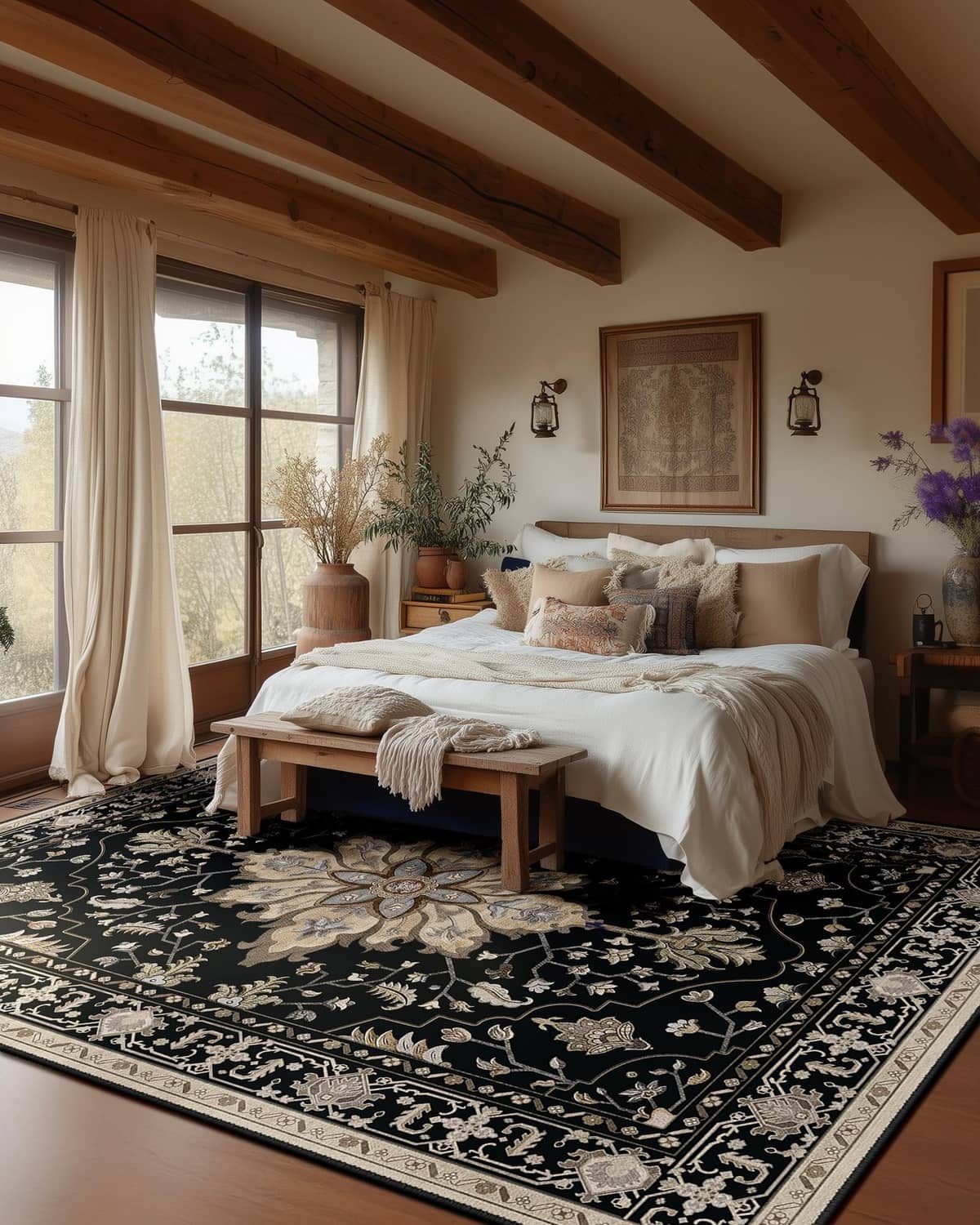 Washable area rug, rectangular black with ornate beige floral and scroll pattern