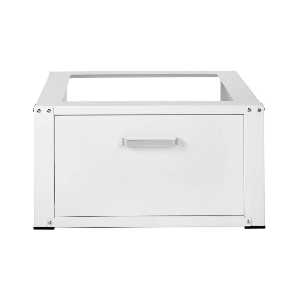 White washer dryer pedestal stand with closed front storage drawer and open top frame
