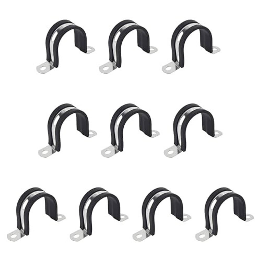 Black rubber-lined U pipe clamps, each with two-hole galvanized base plate