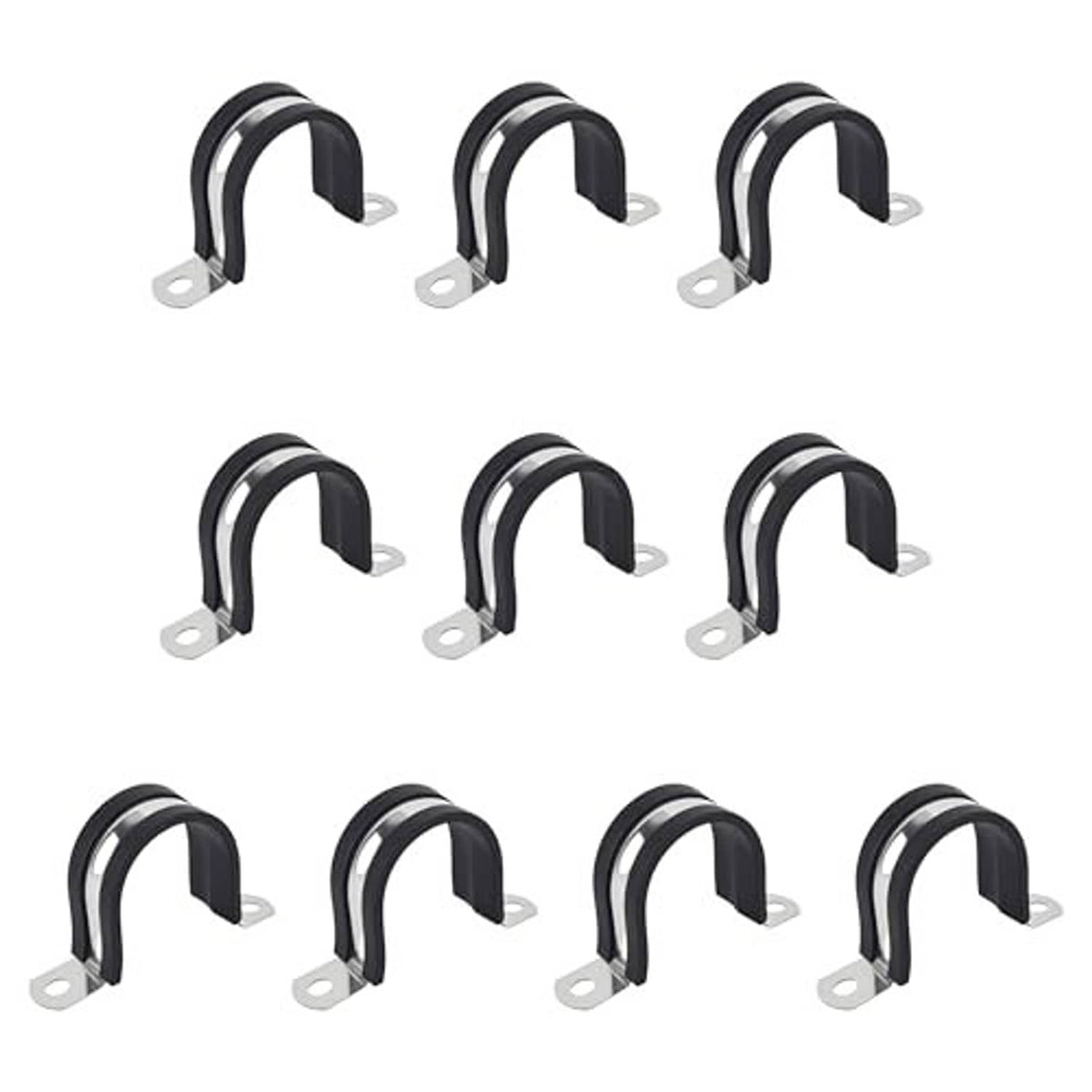 Black rubber-lined U pipe clamps, each with two-hole galvanized base plate