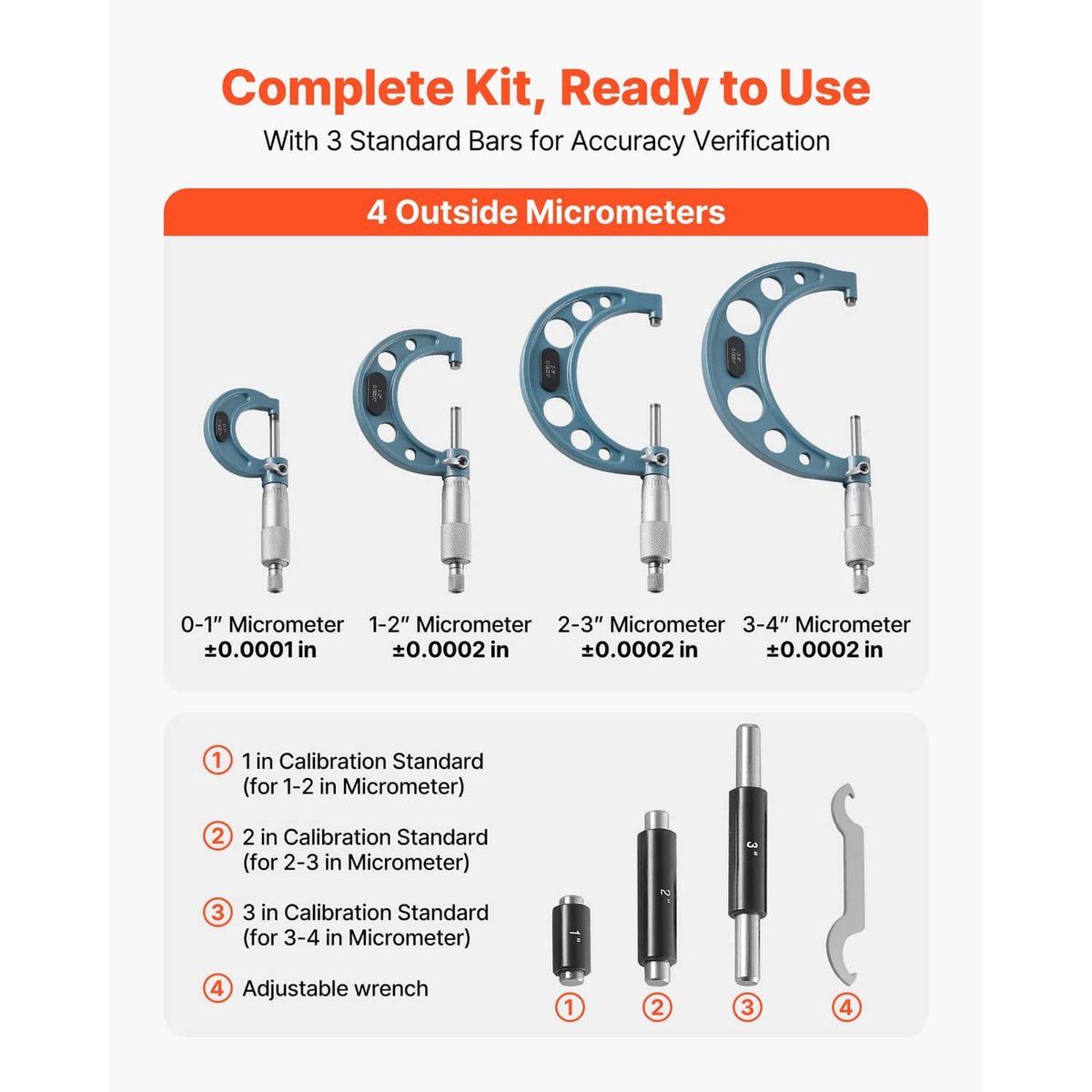 Four outside micrometers with blue C-frames and silver measuring rods in a kit layout