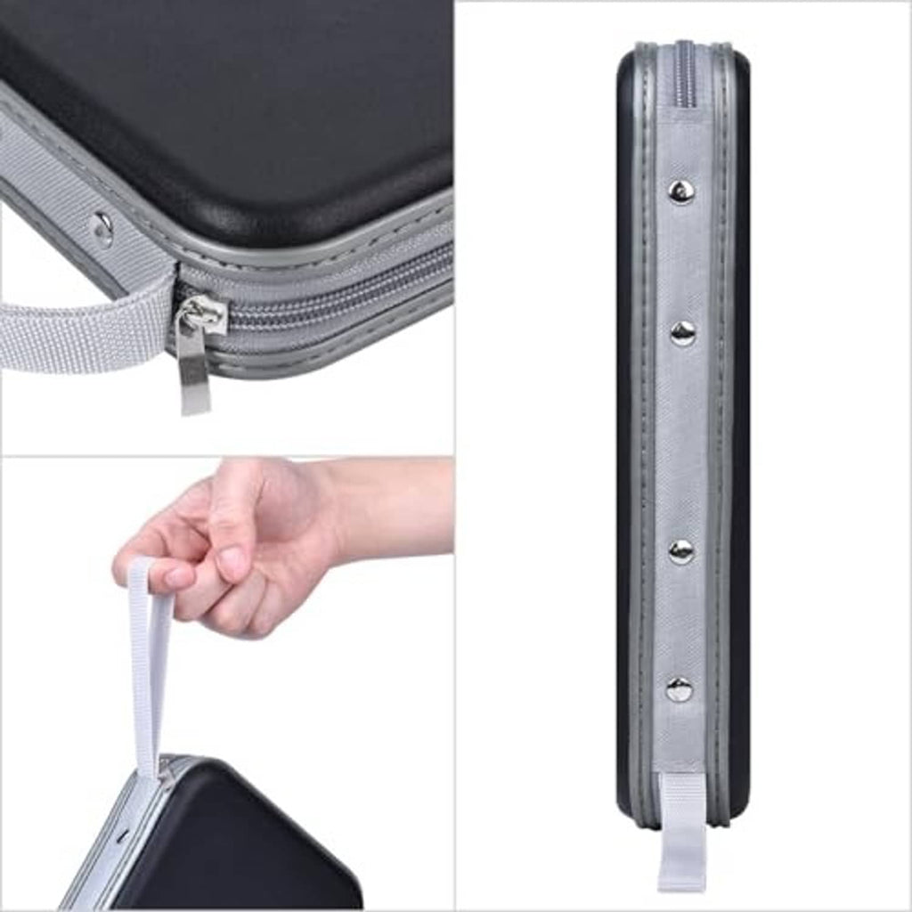 Zippered CD/DVD wallet with white handle strap and metal eyelets on the side