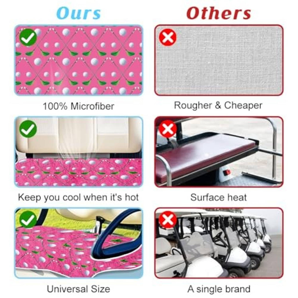 Pink leaf-and-dot golf cart seat cover comparison graphic with check and cross panels