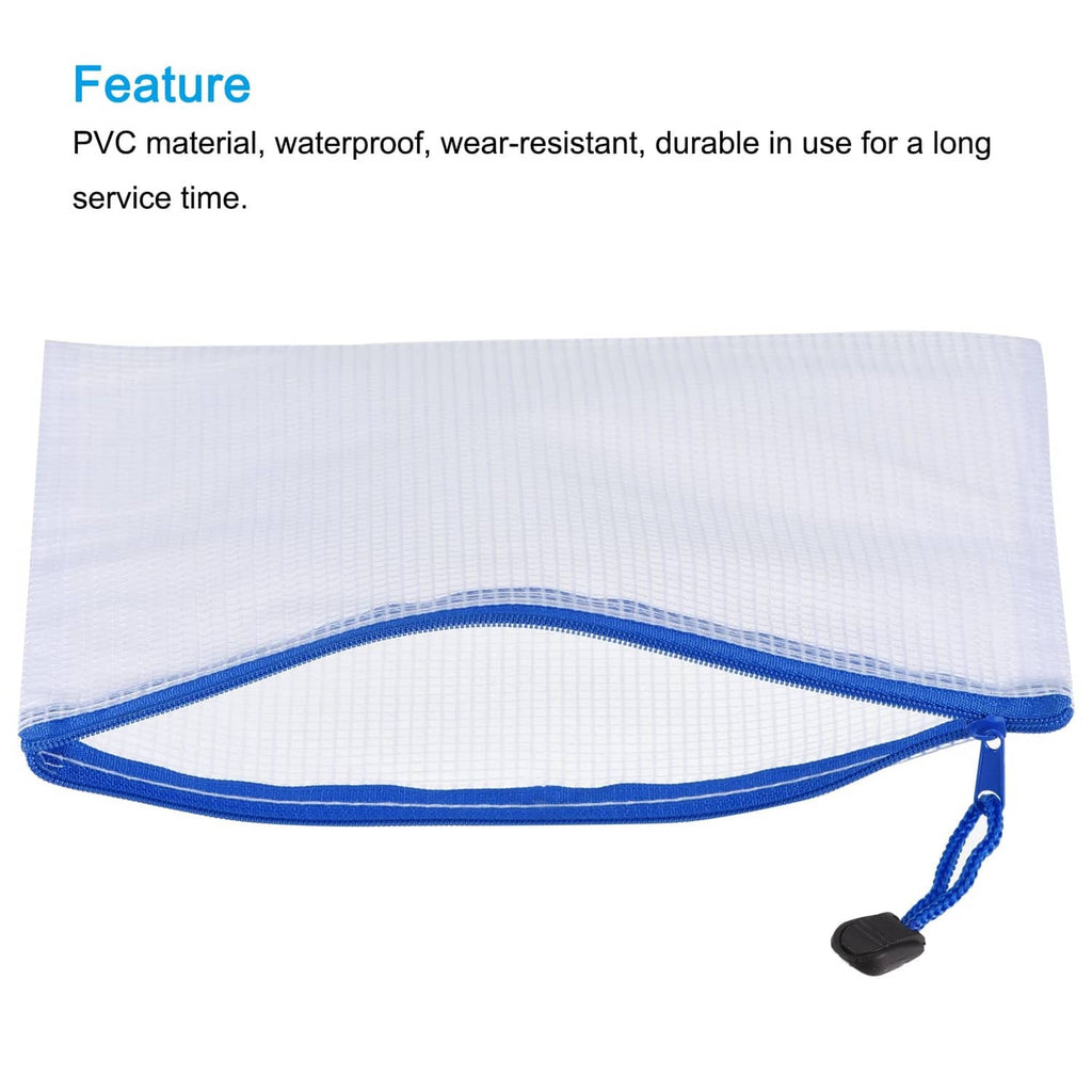 White mesh zipper pouch with curved blue seam and drawstring cord pull tabs