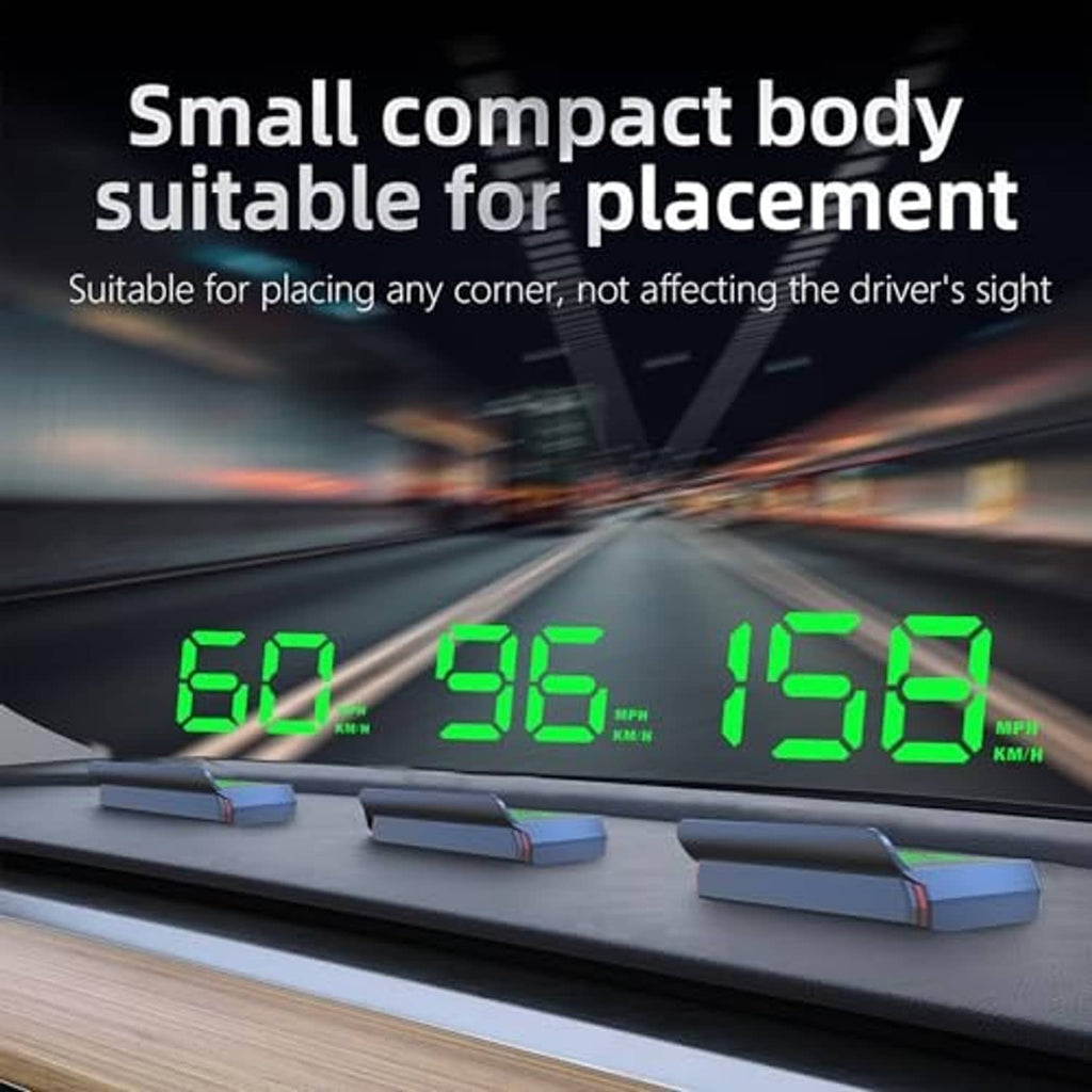 Compact HUD display showing bright green speed digits while mounted on the dashboard