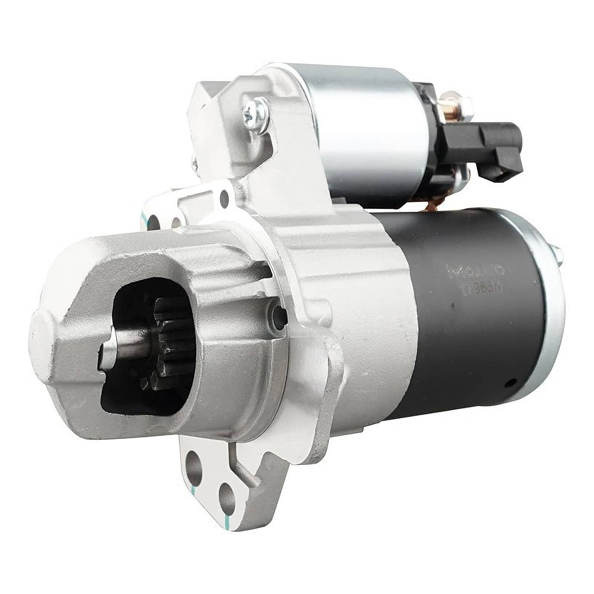 Starter motor with silver housing and black end cap, side view with mounting bracket