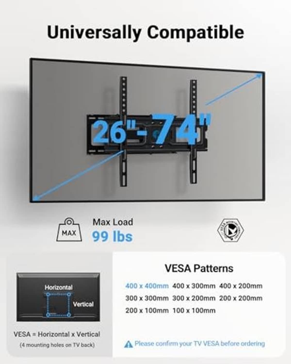 Compatibility chart: 26–74 in TVs, max load 99 lb, VESA patterns supported.