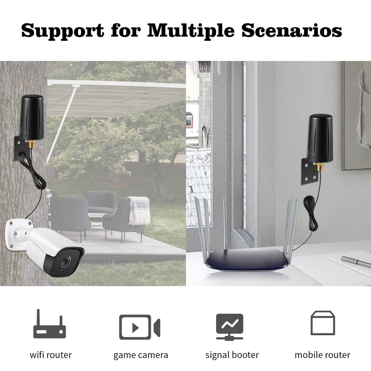 Wall-mounted black WiFi antenna with coax cable for multiple device scenarios