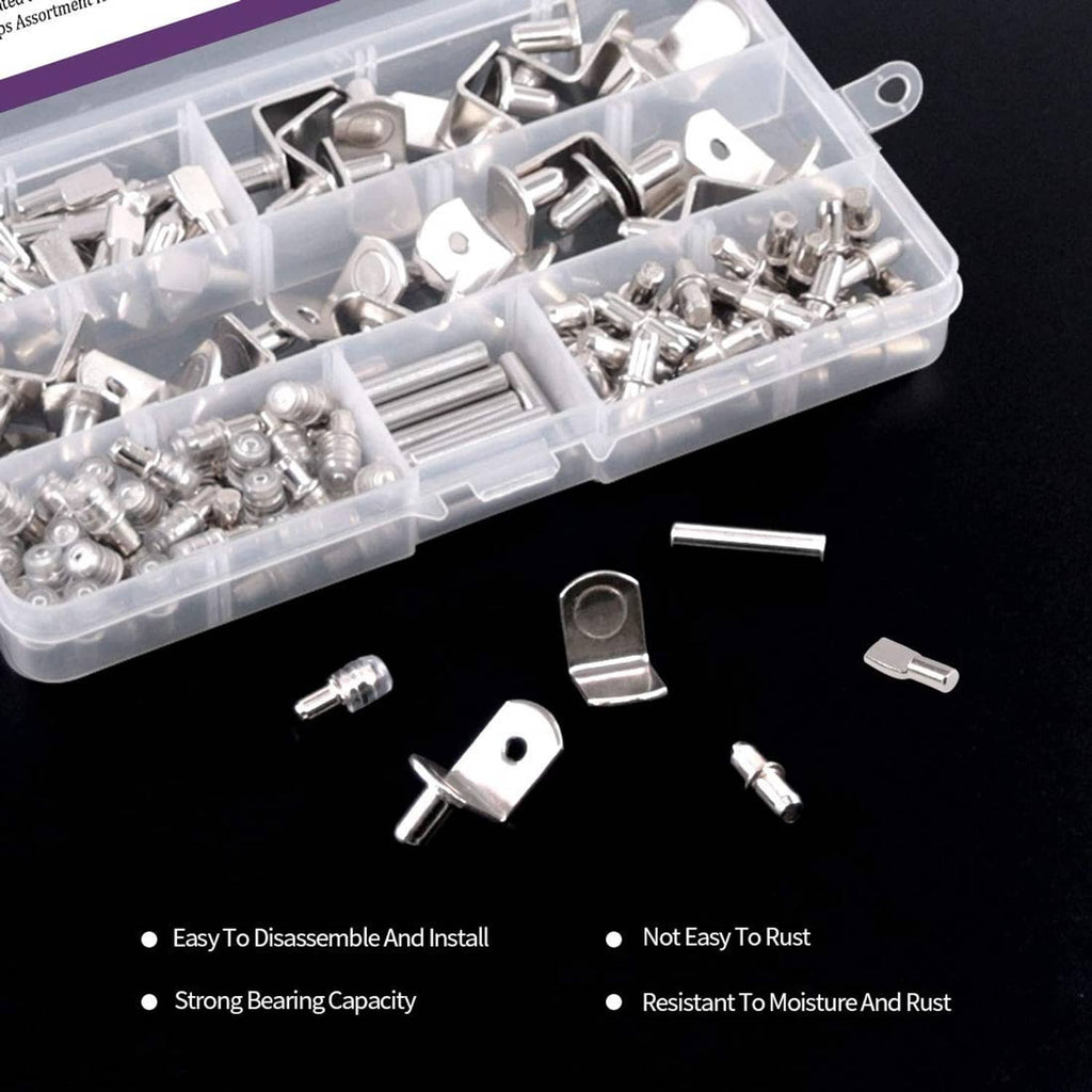 Bulk shelf support pins and brackets in clear compartment tray