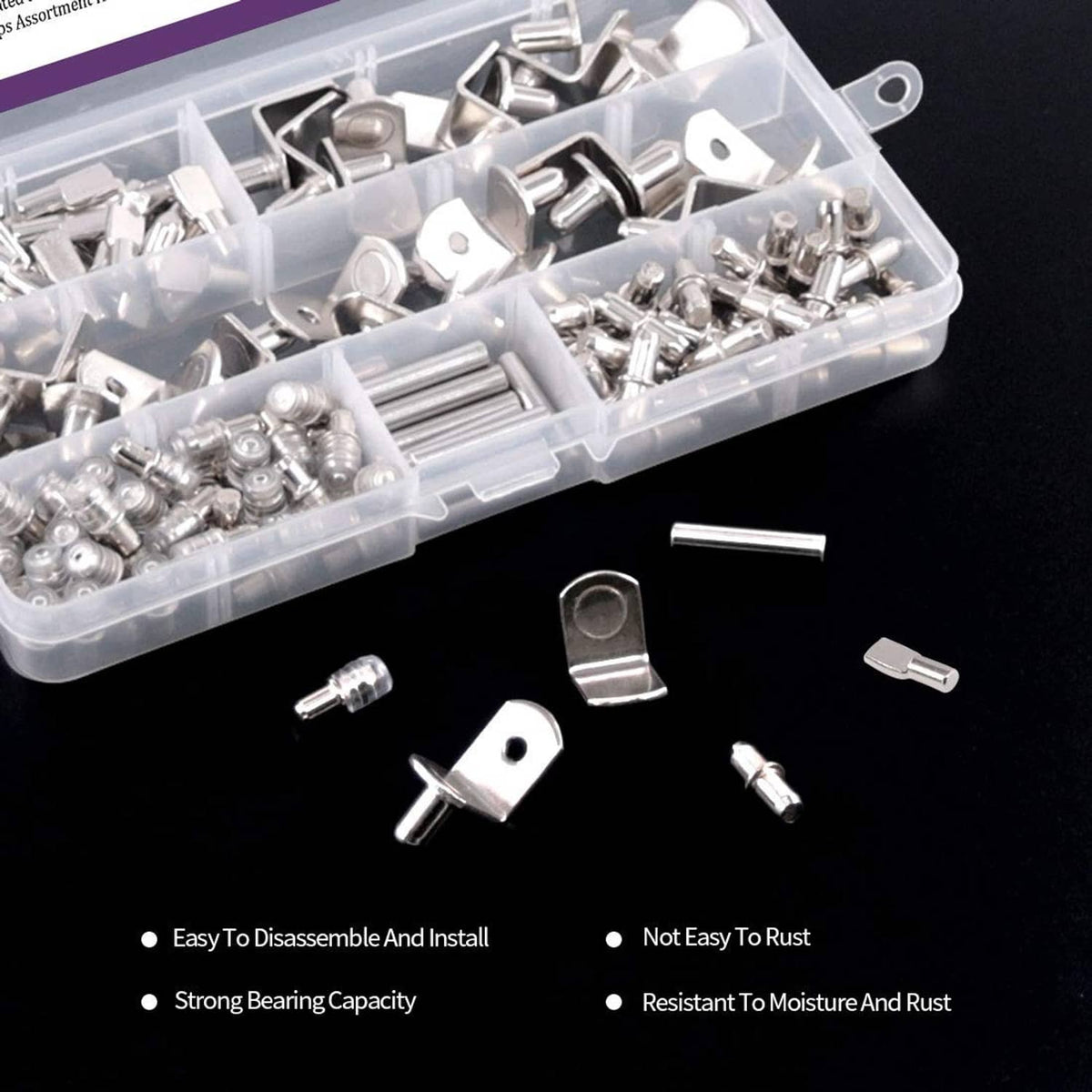 Bulk shelf support pins and brackets in clear compartment tray