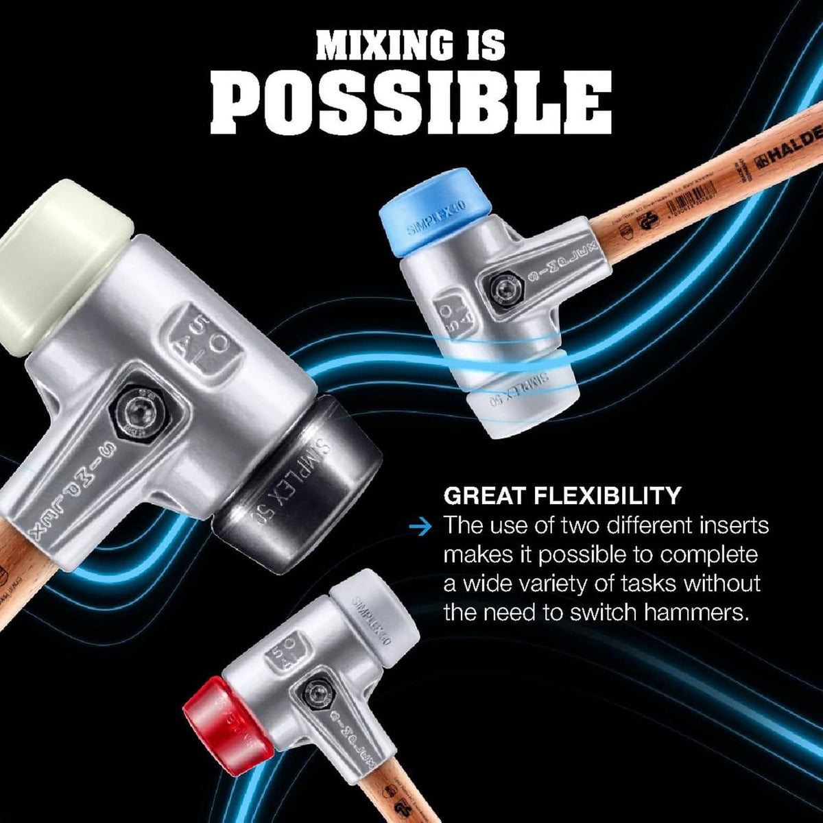 Simplex mallet with interchangeable inserts, blue-capped and two other colored insert heads.