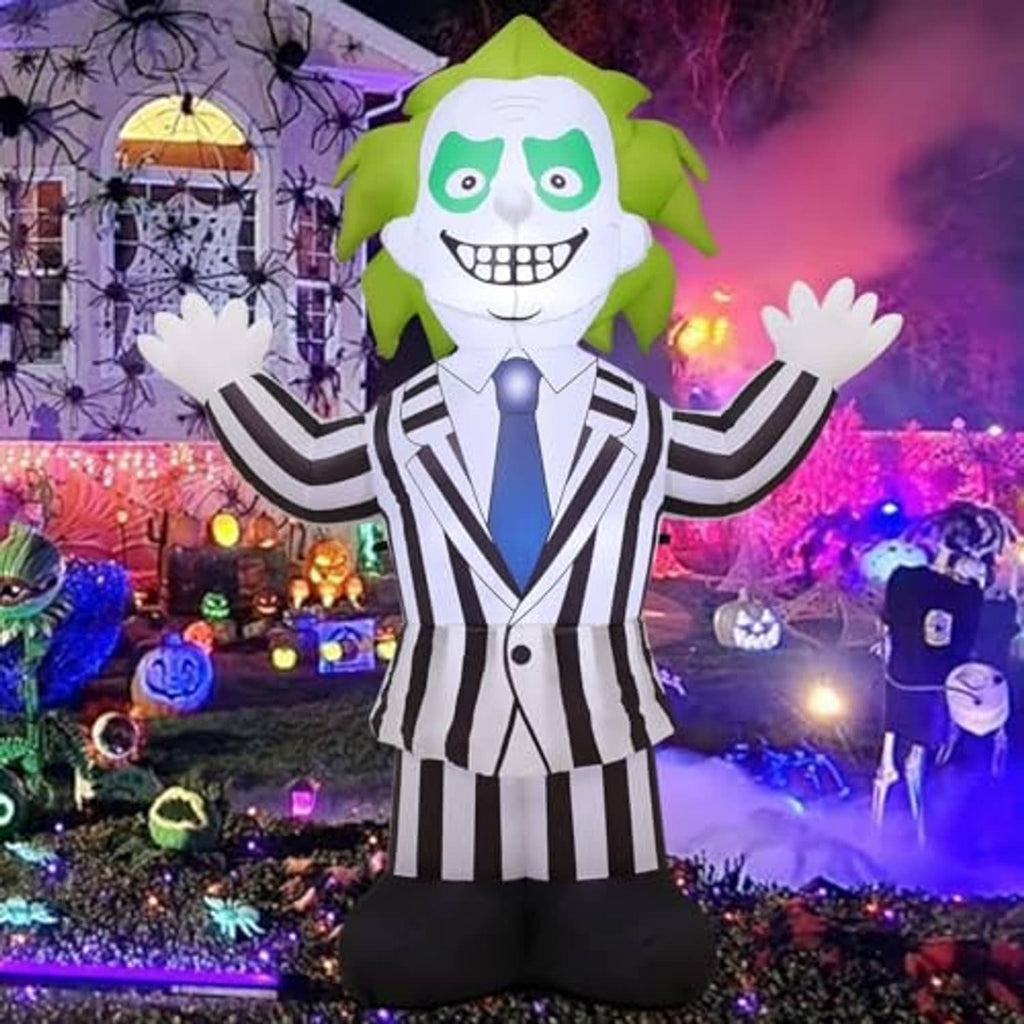 Halloween inflatable weirdo character suit with green hair, striped outfit, blue tie, black legs